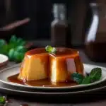 Creamy flan slice topped with golden caramel sauce