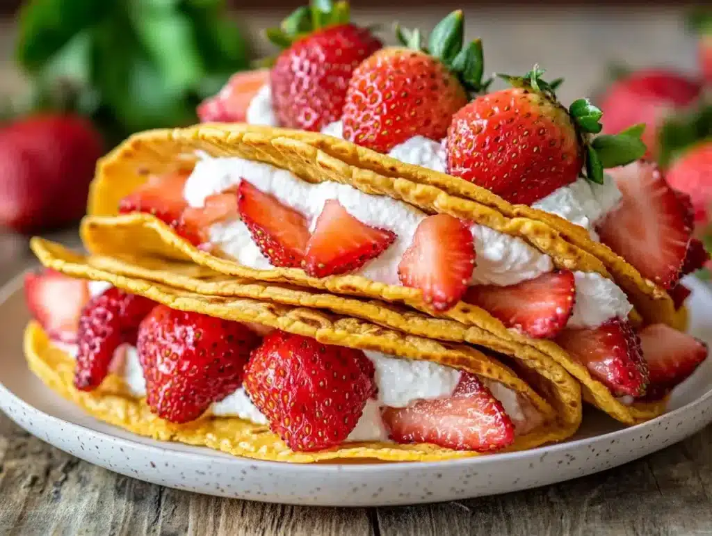 Strawberry cheesecake tacos filled with cream and strawberries