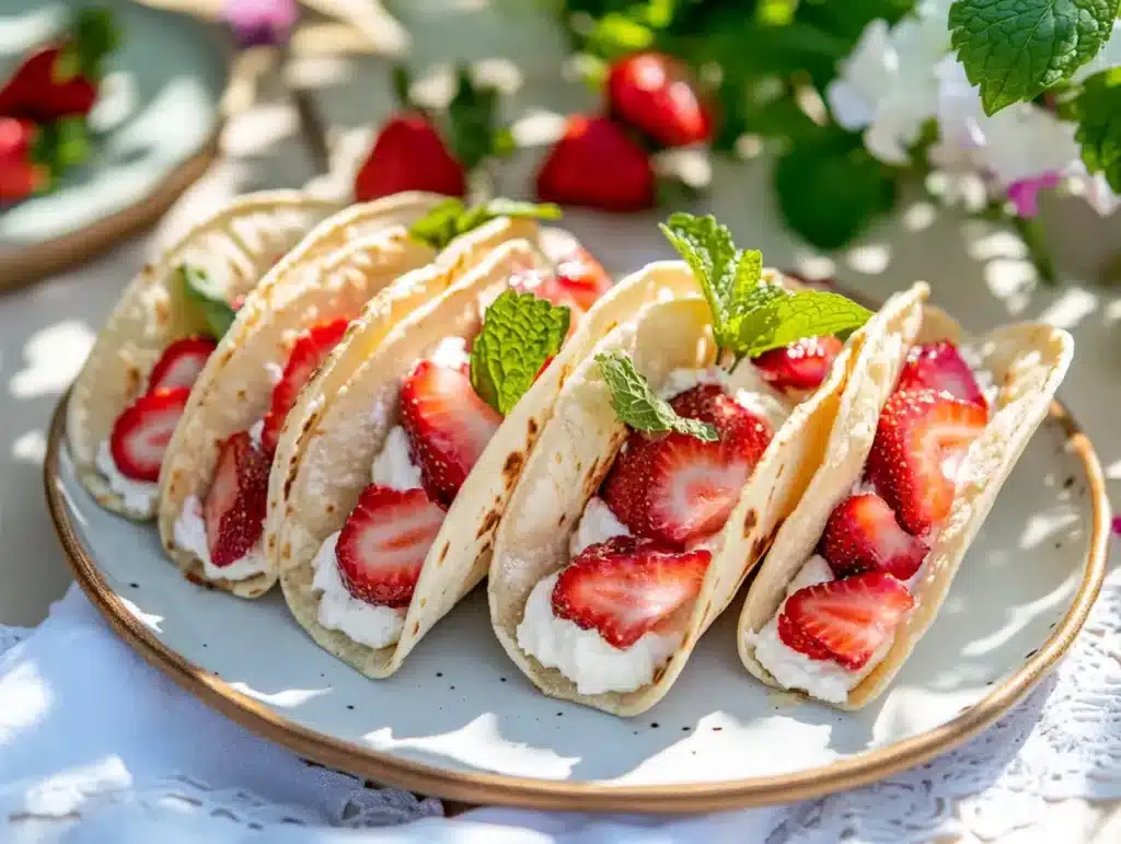 Strawberry cheesecake tacos served on a summer dessert table