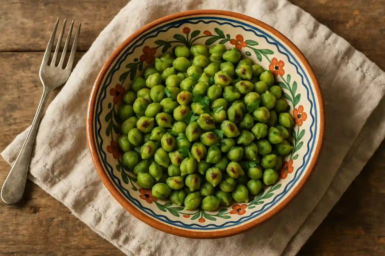 Sautéed fresh garbanzo beans served in a colorful bowl