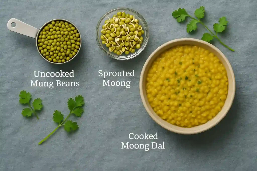 Dry, cooked, and sprouted moong bean forms side-by-side