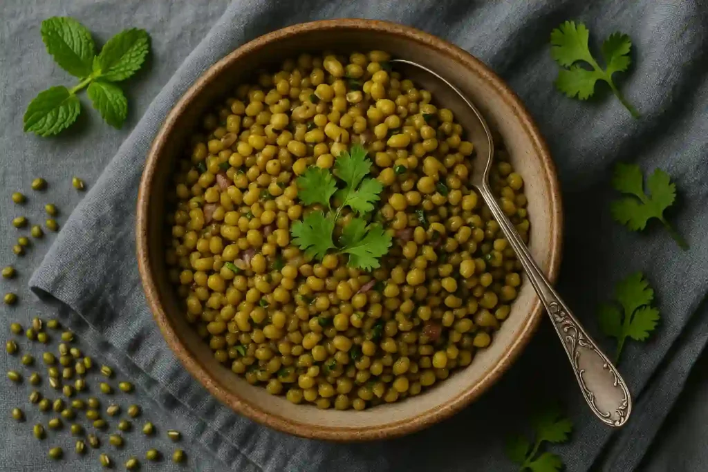 Mung bean salad bowl using 1/4th cup dry whole moong protein