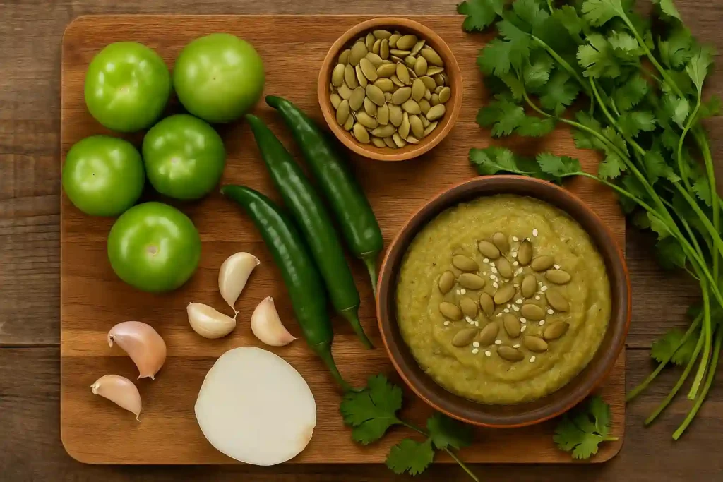 Ingredients for pipian verde on a wooden board