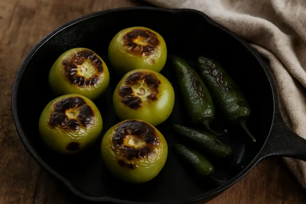 Roasting tomatillos and chilies for pipian verde
