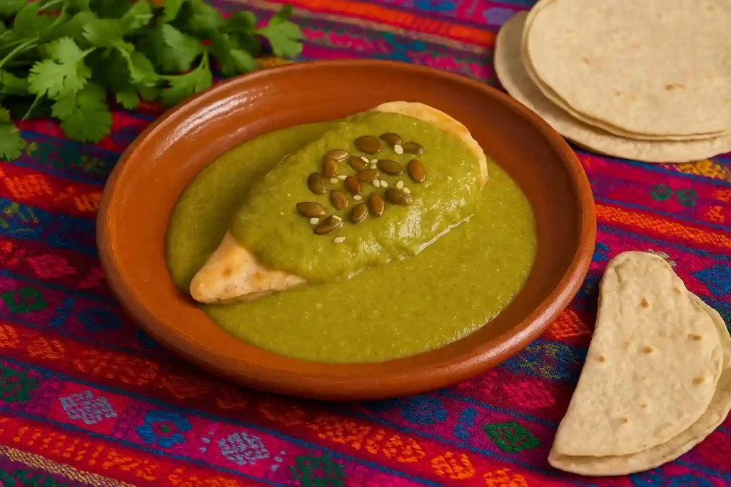 Serving pipian verde over chicken with tortillas