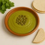 Green Mexican pipian verde sauce garnished with pumpkin seeds in a clay bowl, served with tortillas and fresh cilantro