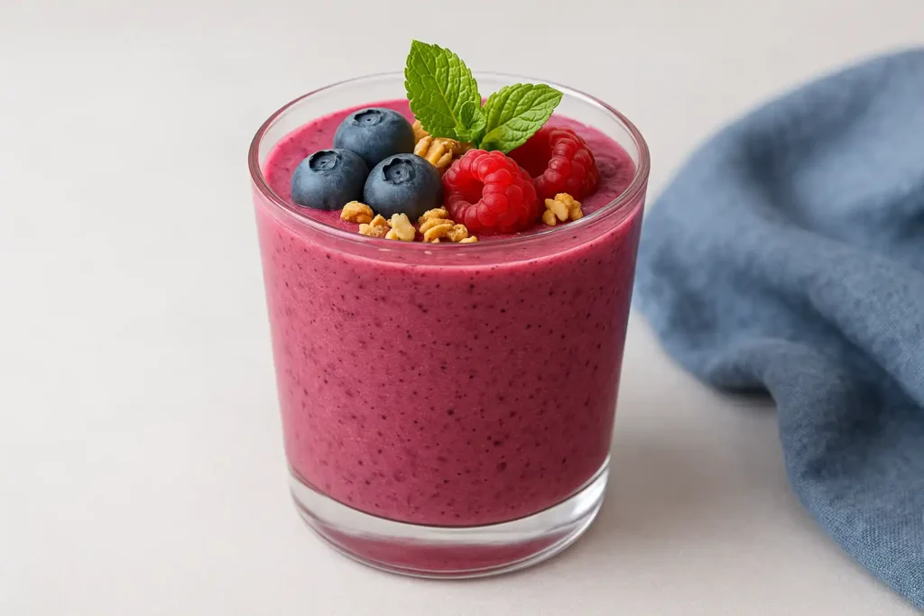 Costco fruit smoothie in a glass with berries and granola on a light background