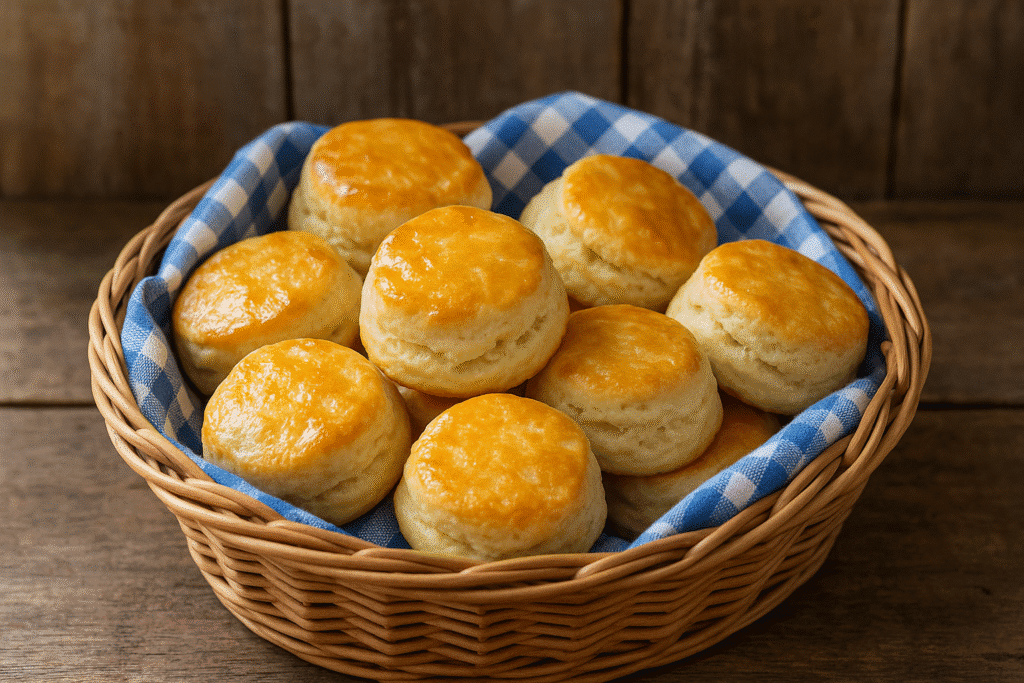golden 2 ingredient biscuits in a basket with blue cloth