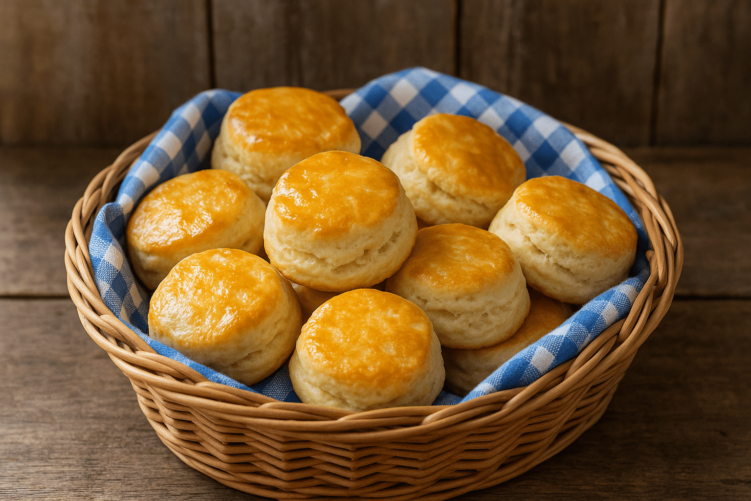 golden 2 ingredient biscuits in a basket with blue cloth