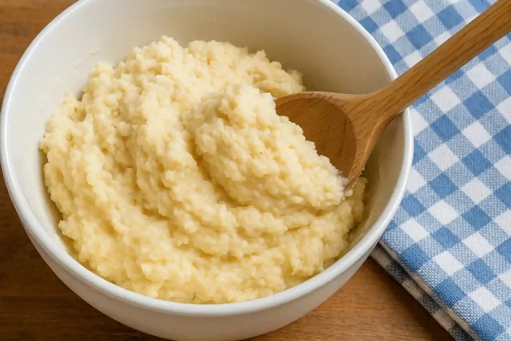 mixing dough for 2 ingredient biscuits on wooden table