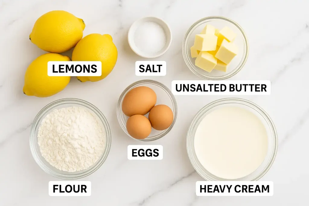 Ingredients for lemon tart recipe on marble countertop