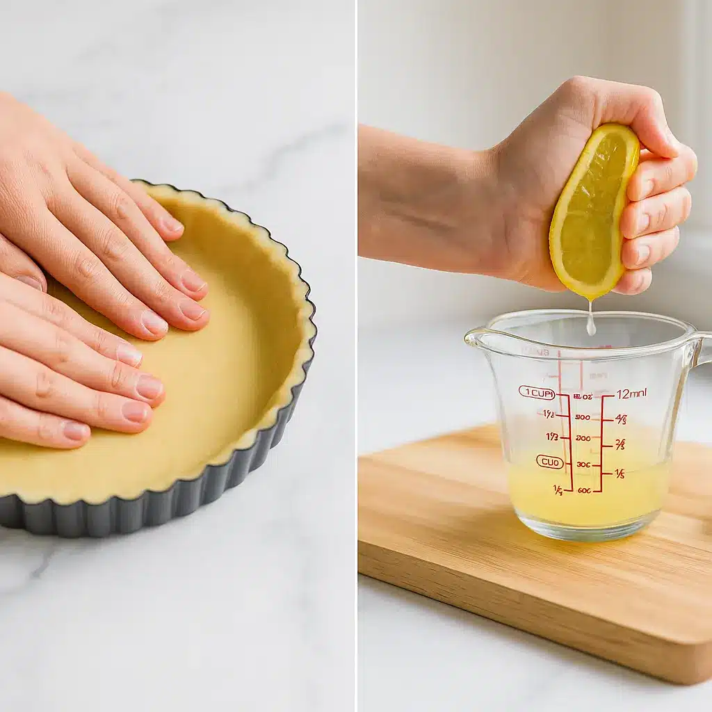 Pressing crust and squeezing lemon for lemon tart recipe