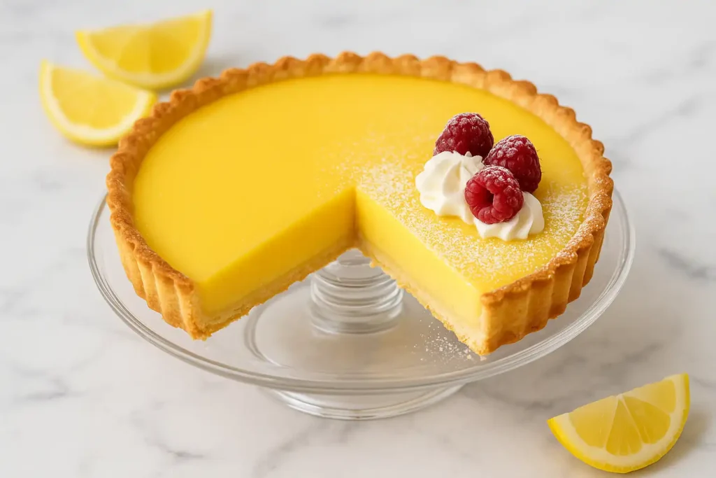 Served lemon tart recipe with whipped cream and berries