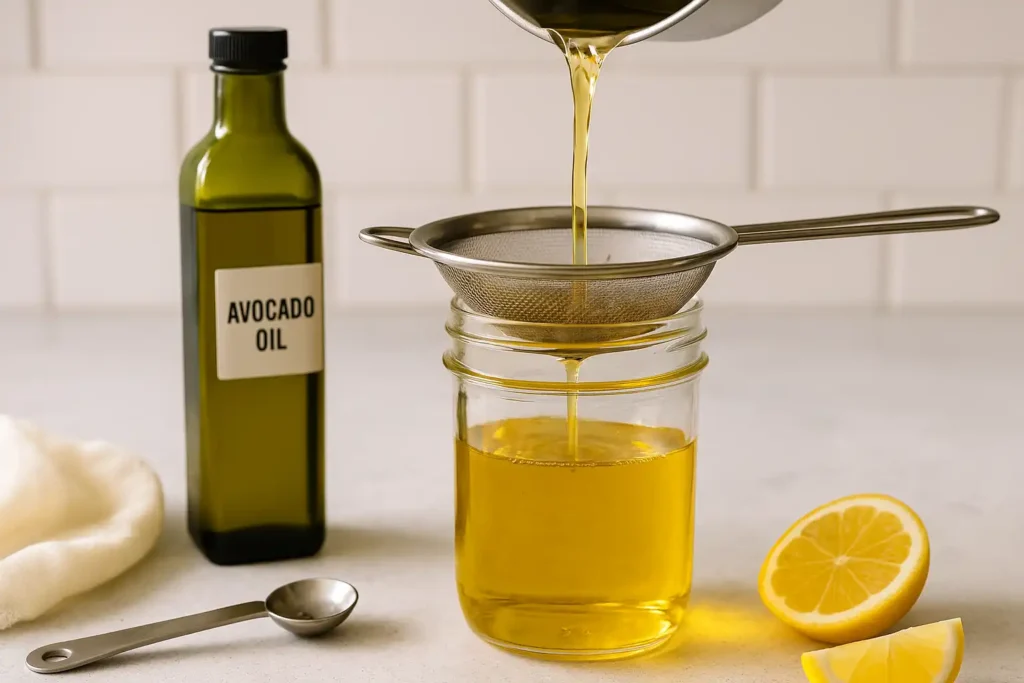 straining avocado oil for reuse after deep frying