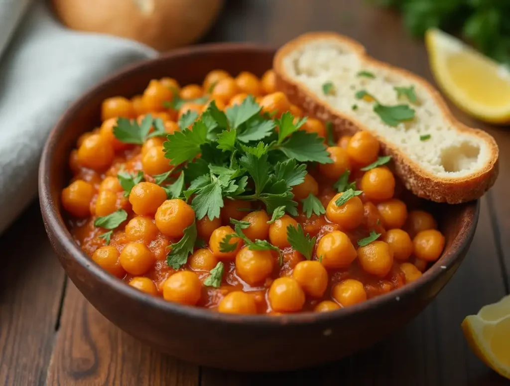 Marry me chickpeas served with bread and lemon