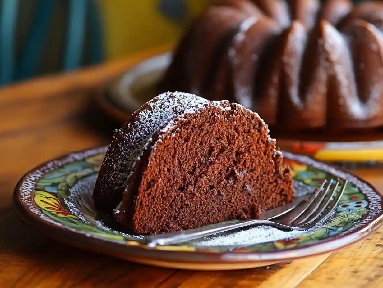 Mexican chocolate cake slice on rustic plate