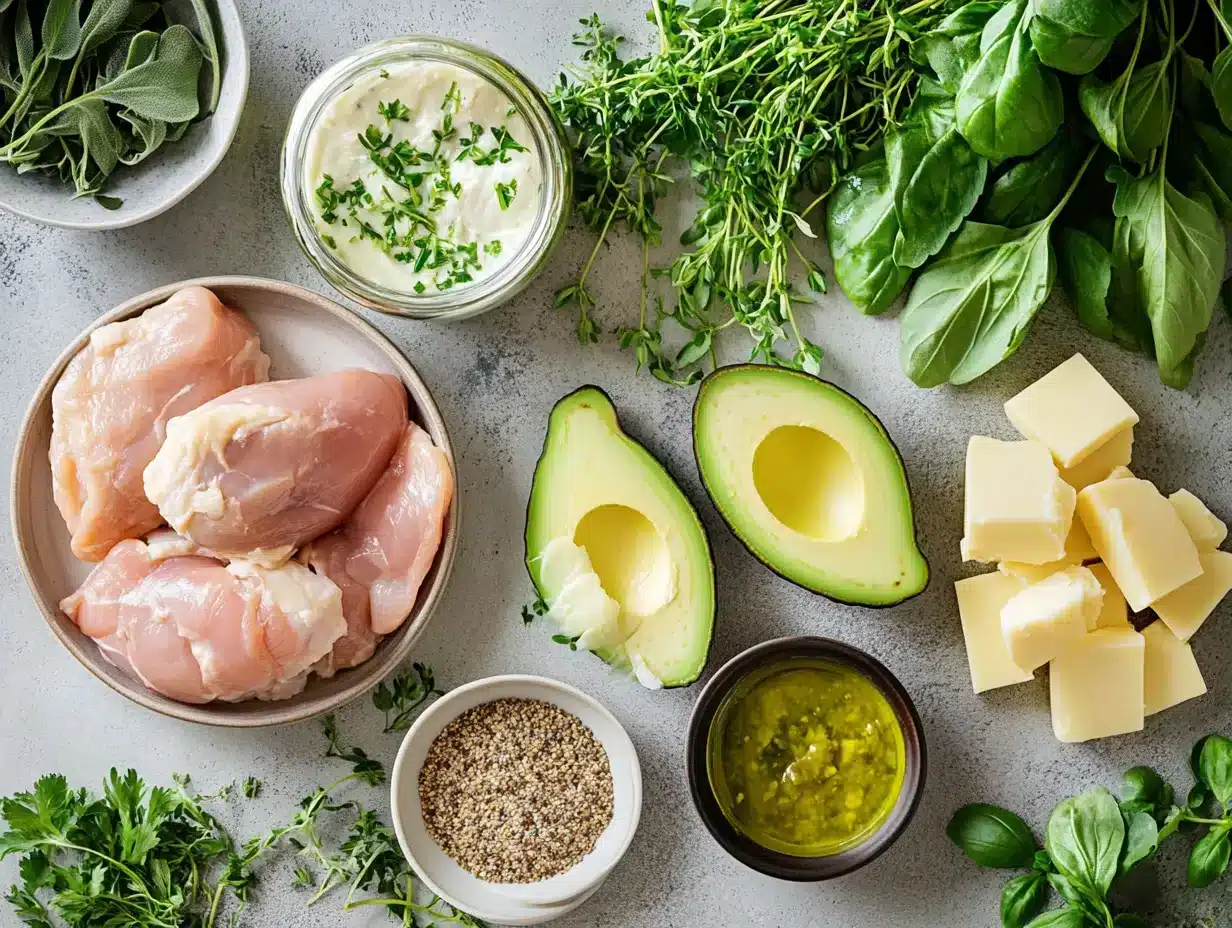 Canned chicken with keto-friendly ingredients on kitchen counter