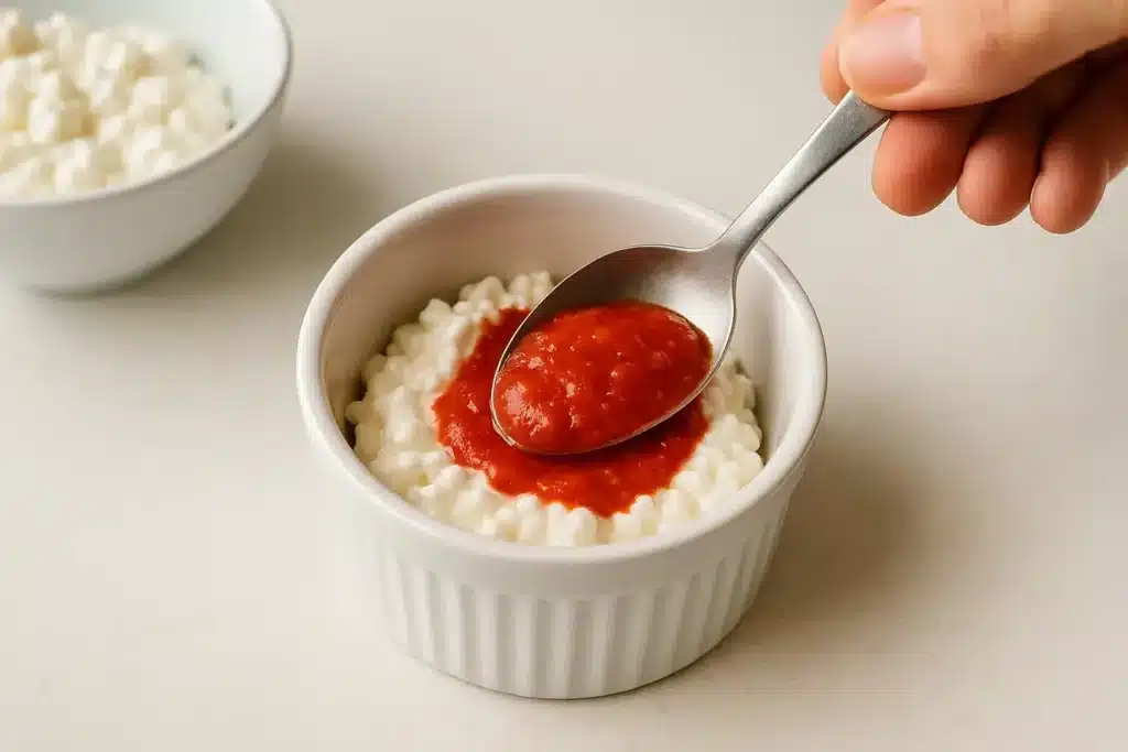 Cottage cheese and marinara being layered