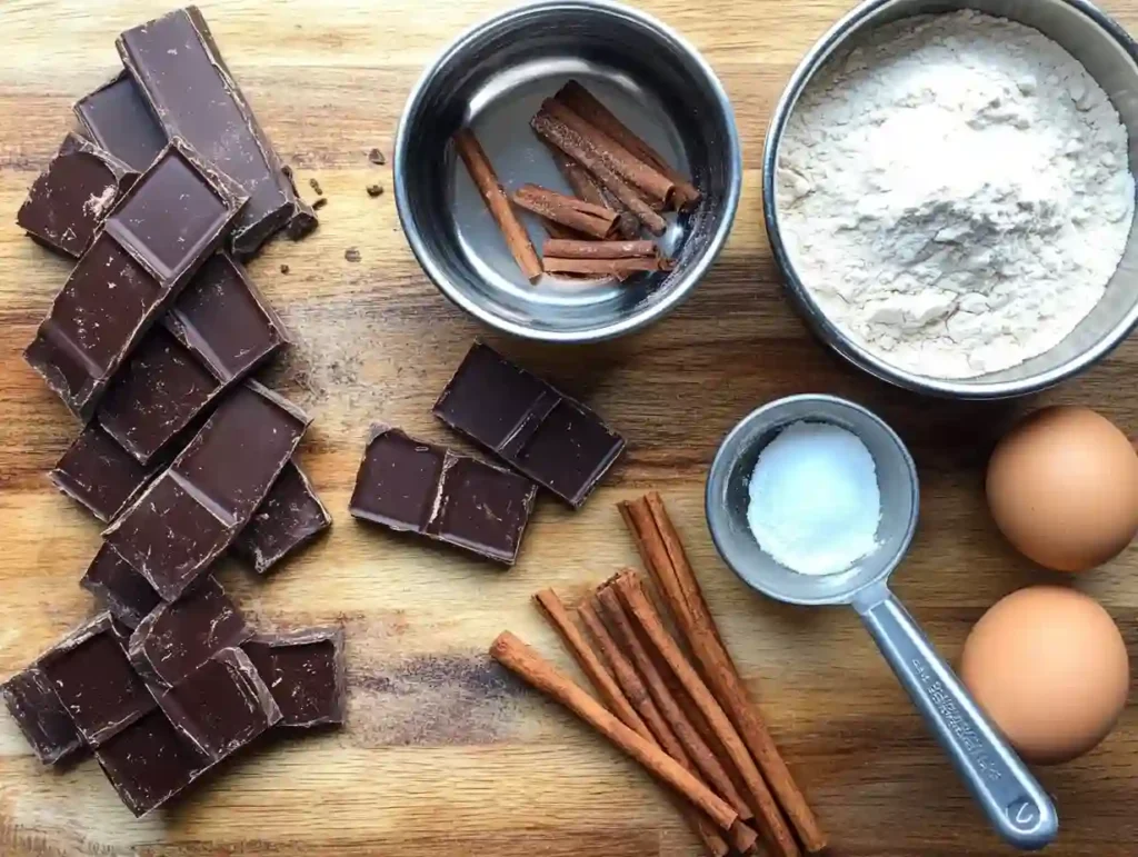 Flat lay of chocolate, flour, eggs, cinnamon sticks, and sugar on a wooden surface