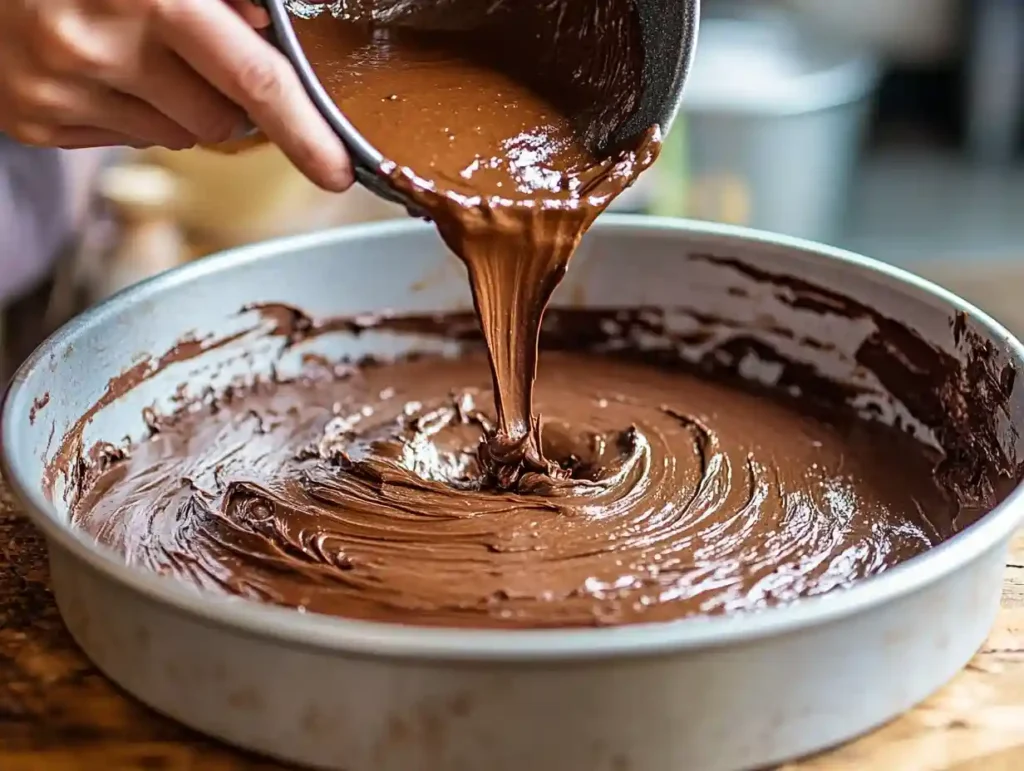 Pouring chocolate cake batter into a round metal baking pan