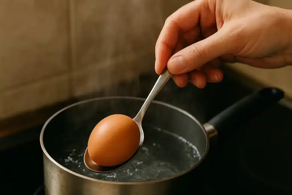 Lowering an egg into boiling water for jammy eggs