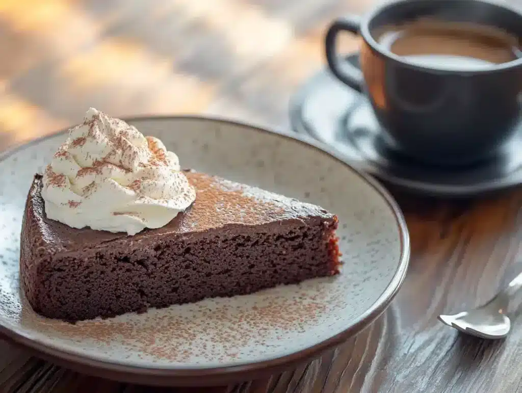 Slice of chocolate cake with whipped cream on a plate beside a cup of coffee