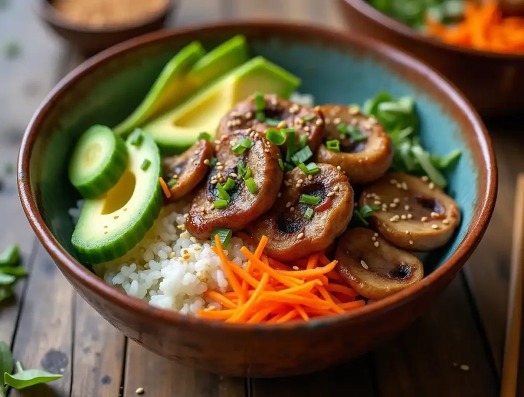 Mushroom poke bowl with toppings