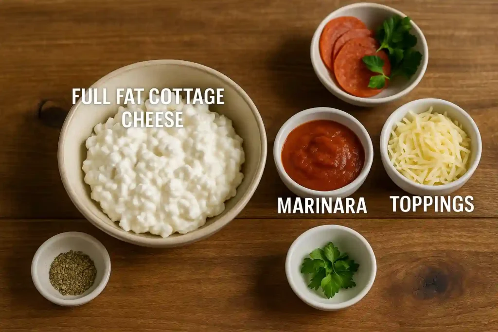 Cottage cheese pizza bowl ingredients on table