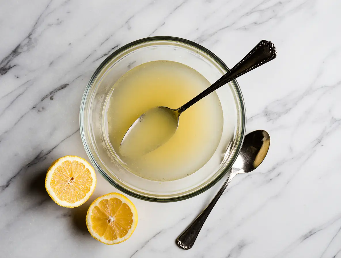 Measuring lemon juice from half a lemon in a glass bowl with a tablespoon