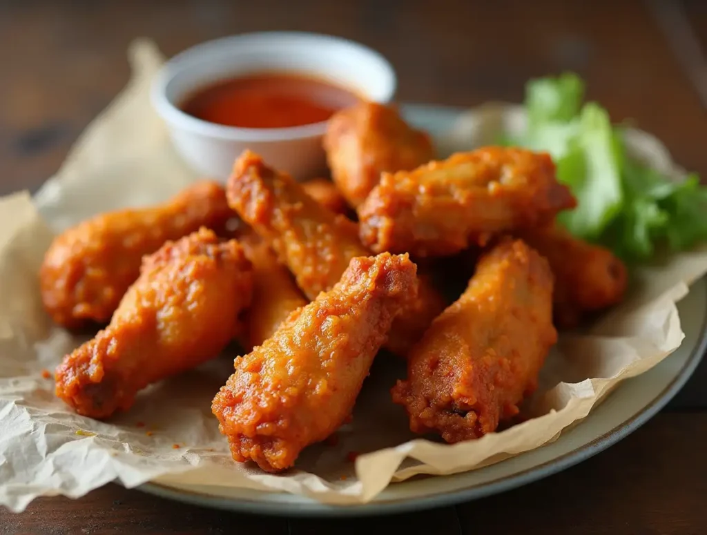 Crispy air fryer buffalo wings on serving plate