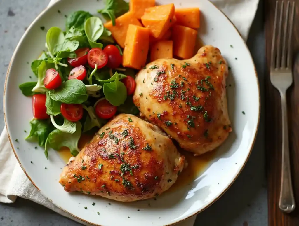 baked boneless chicken thighs served with sides