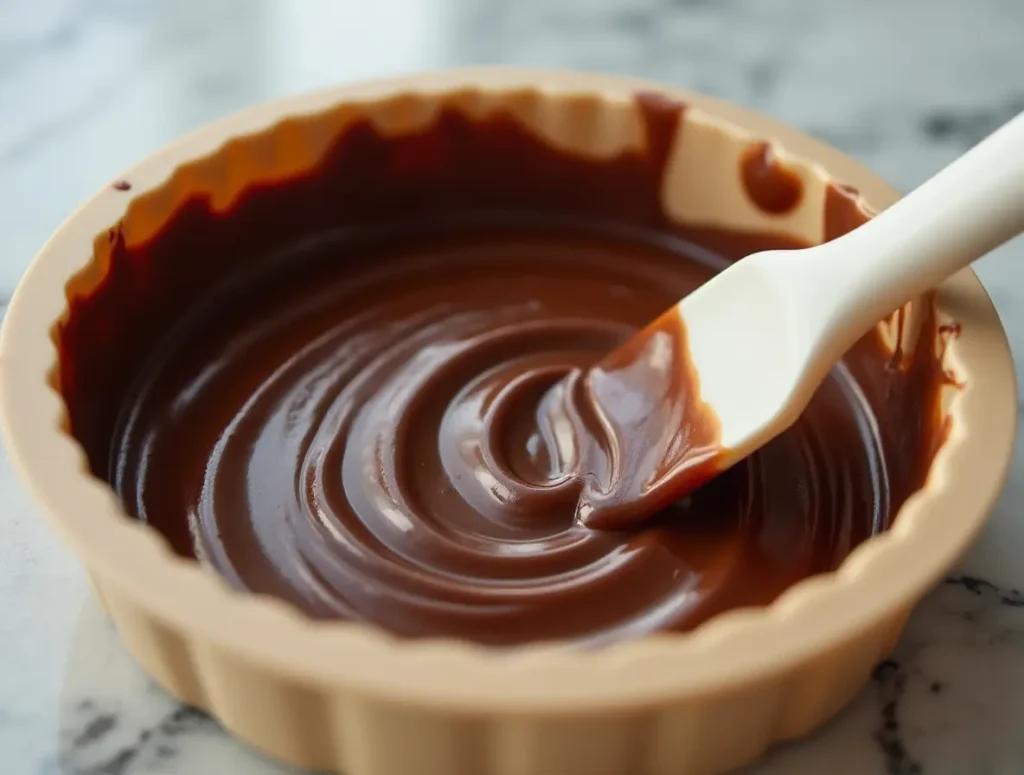 Pouring melted chocolate for Dubai chocolate base