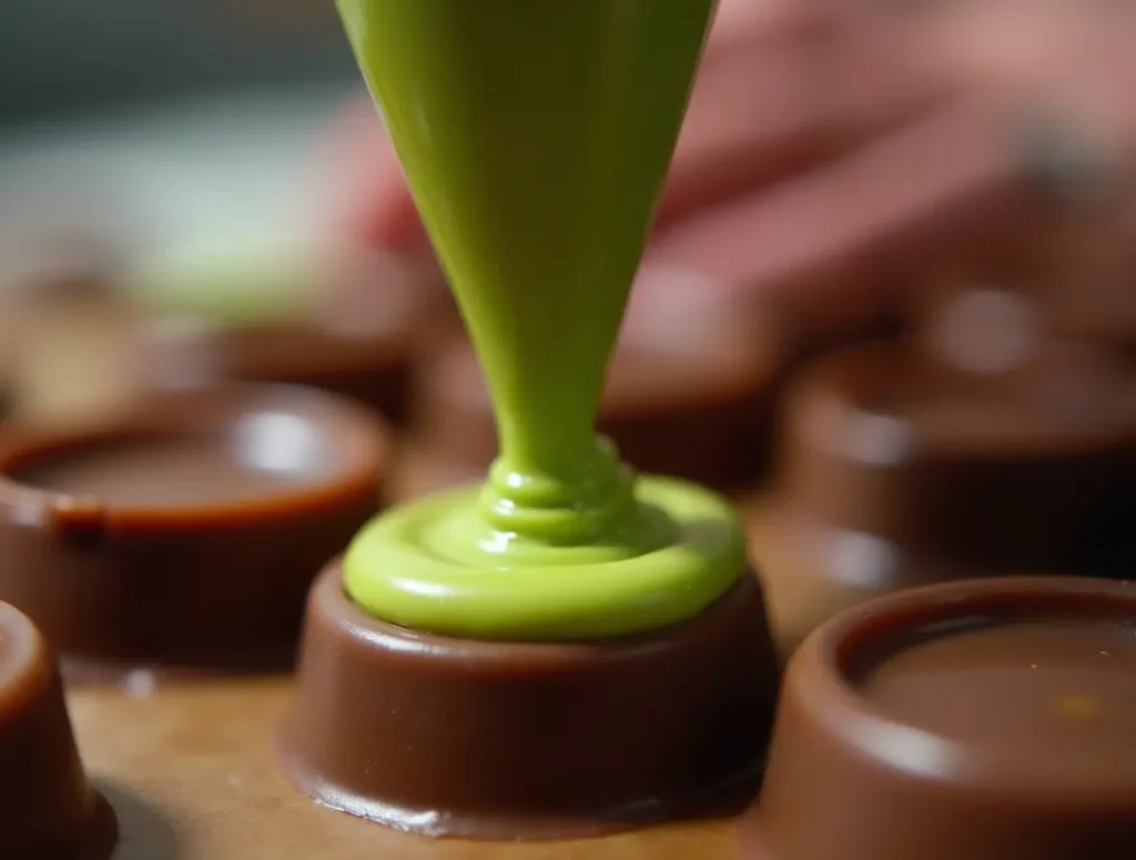Pistachio cream being piped into chocolate mold