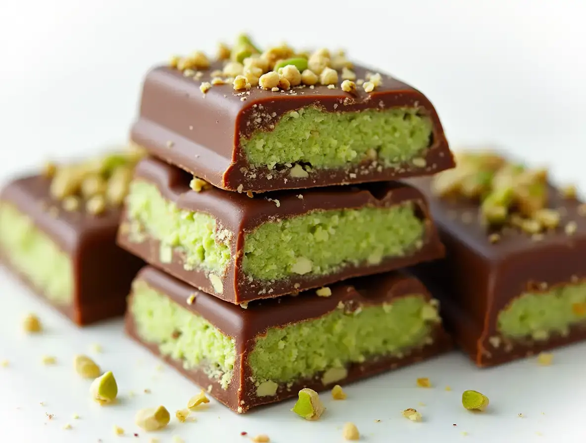 Stack of chocolate bars with green pistachio filling