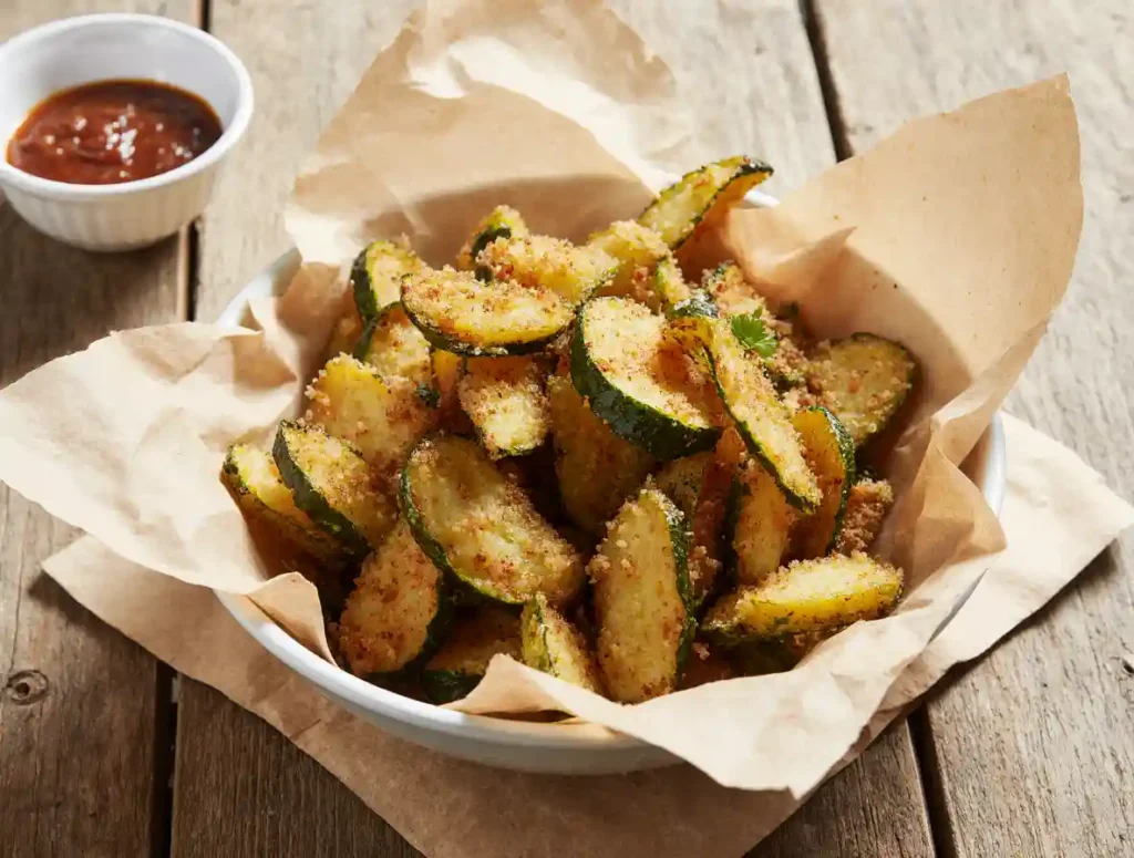 Zucchini fries in air fryer served crispy