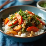 Printable recipe card for stir fry with frozen vegetables and water chestnuts