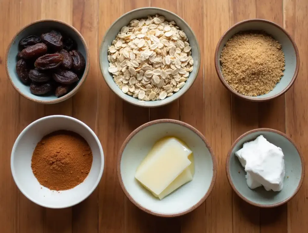 vegan oatmeal cookie ingredients on wood table