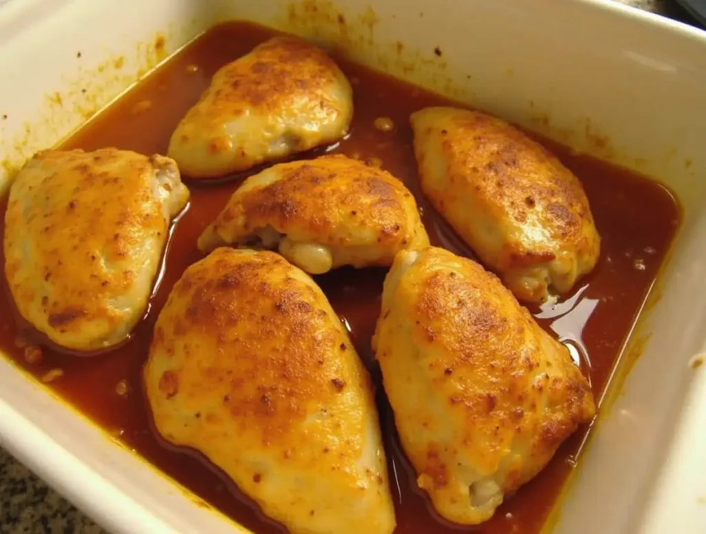 golden baked boneless chicken thighs in white dish