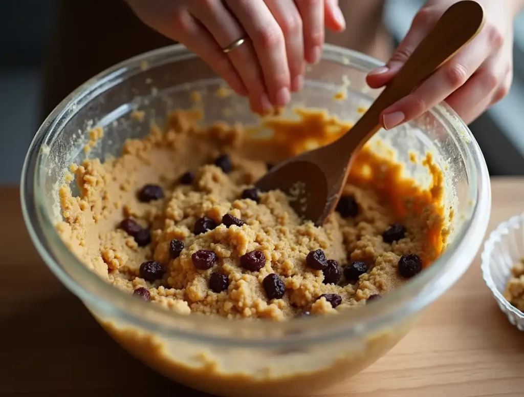 mixing vegan oatmeal cookie dough with raisins