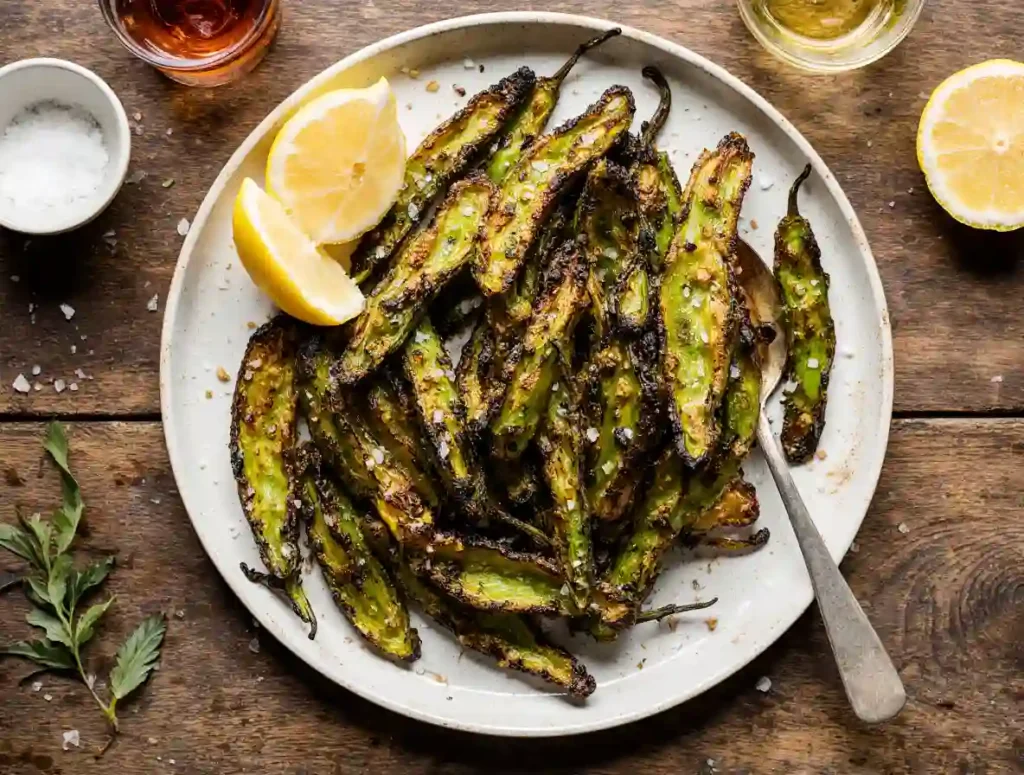 Crispy shishito peppers air fryer style with lemon