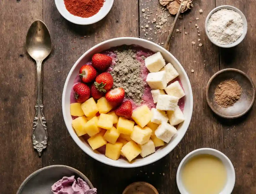  pitaya bowl ingredients on counter
