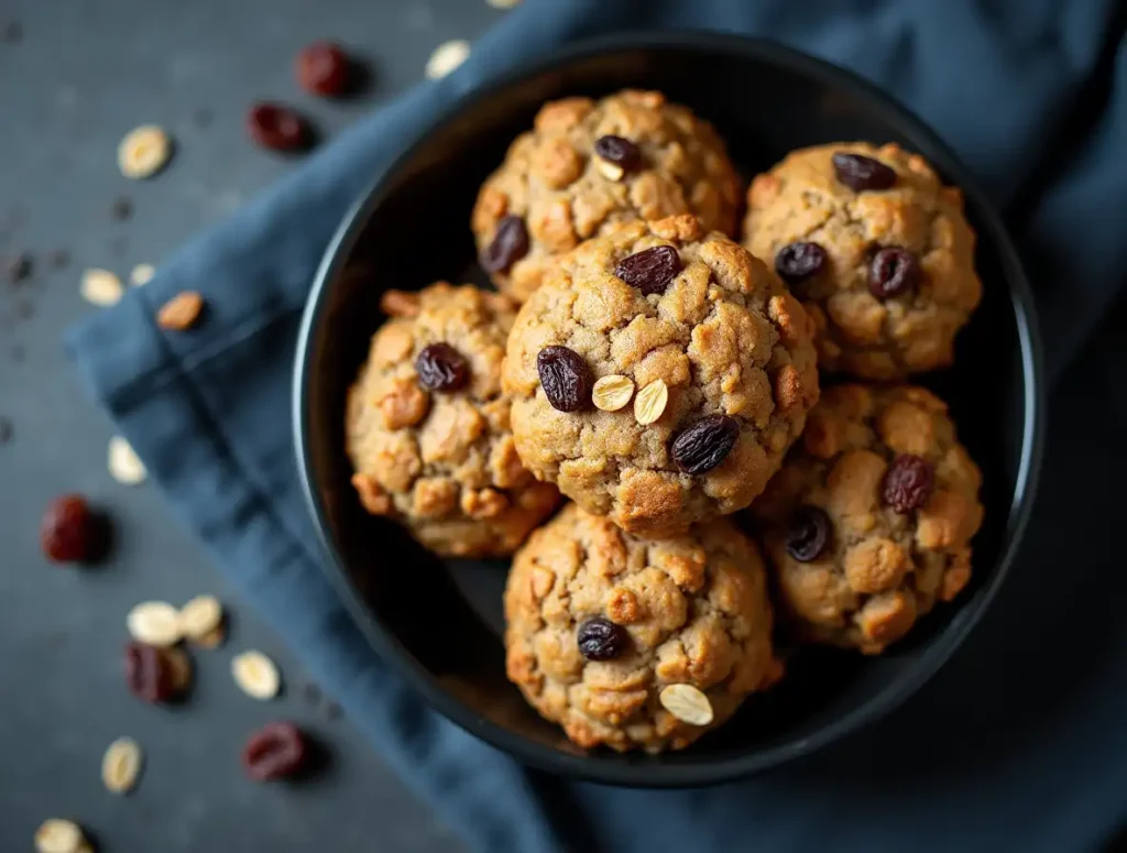 golden vegan oatmeal cookies in a black bowl