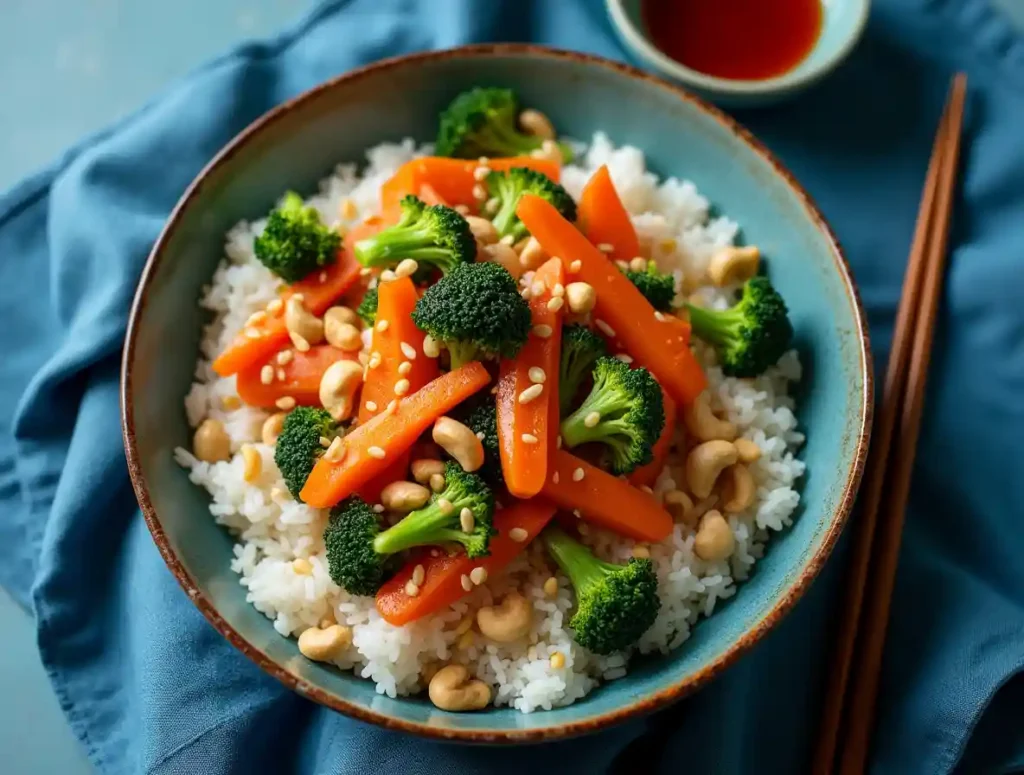 Wok stir fry frozen vegetables with water chestnuts and cashews