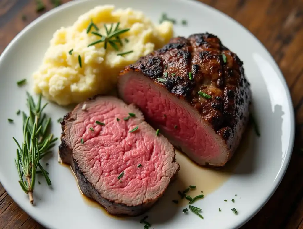 Air fryer filet mignon on white plate