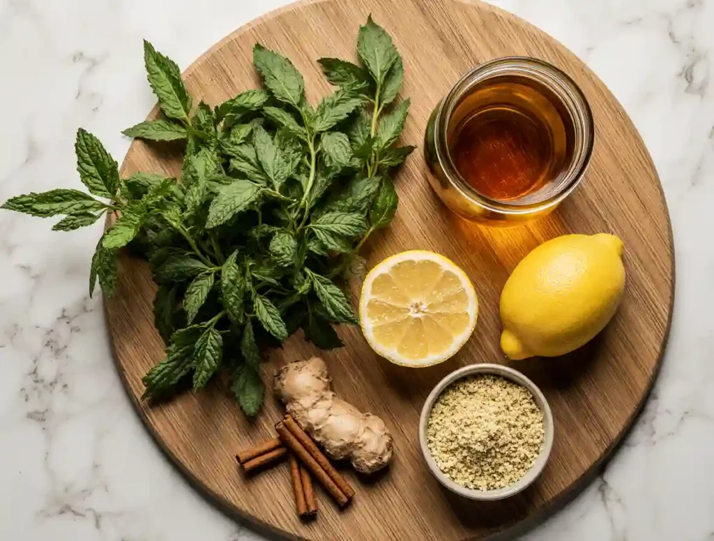 lemon balm tea ingredients laid out naturally