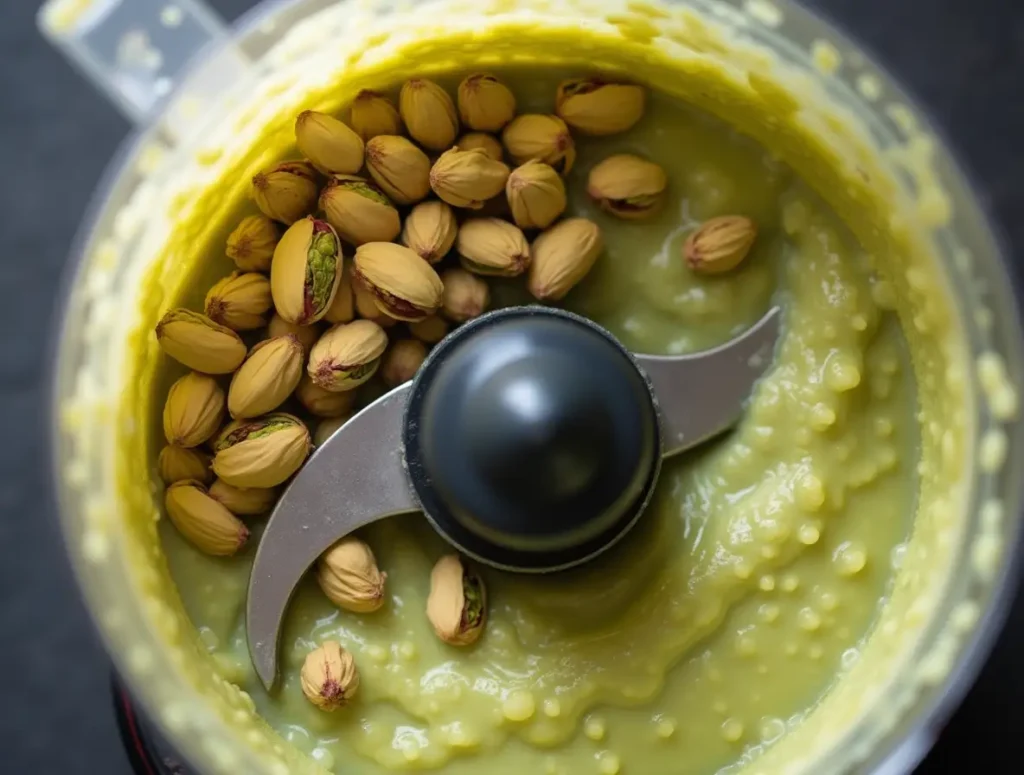 Blending pistachios into creamy spread