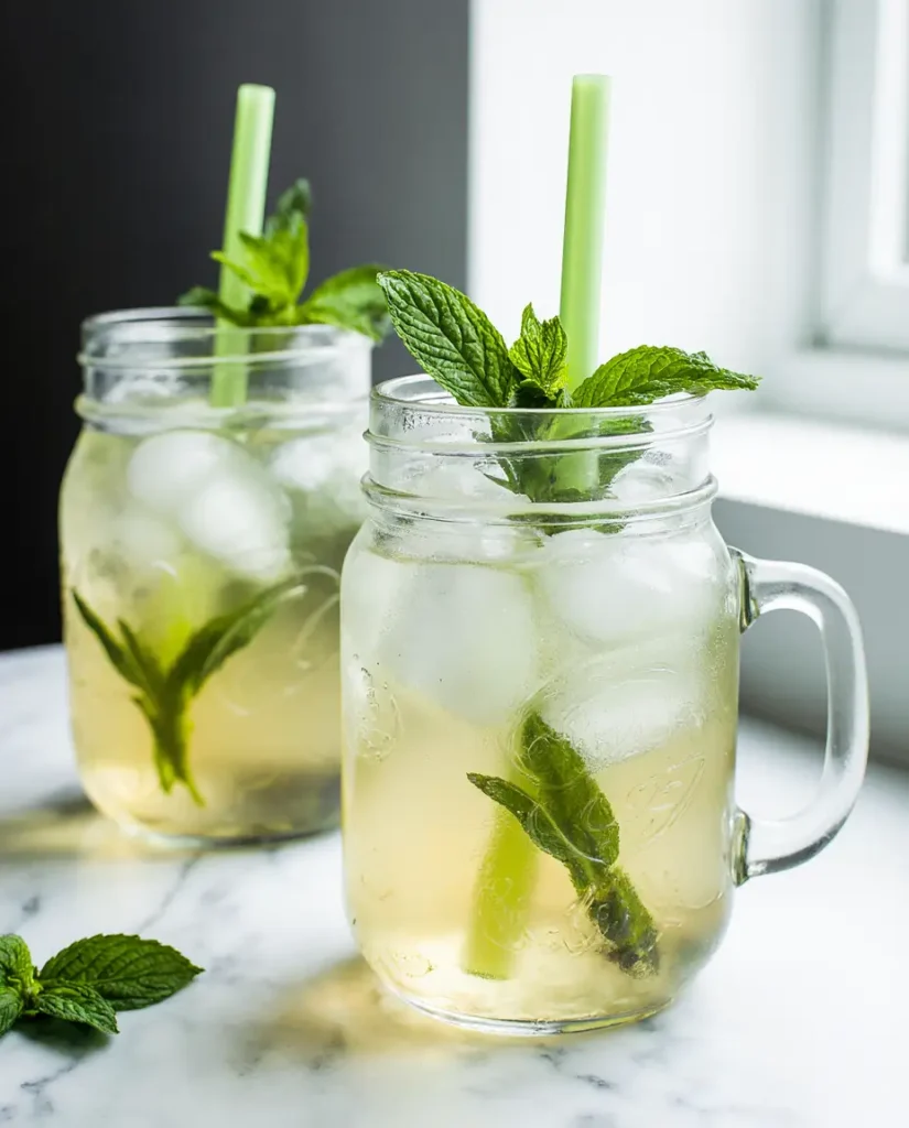 Iced lemon balm tea in mason jars with mint garnish and green straws on marble table