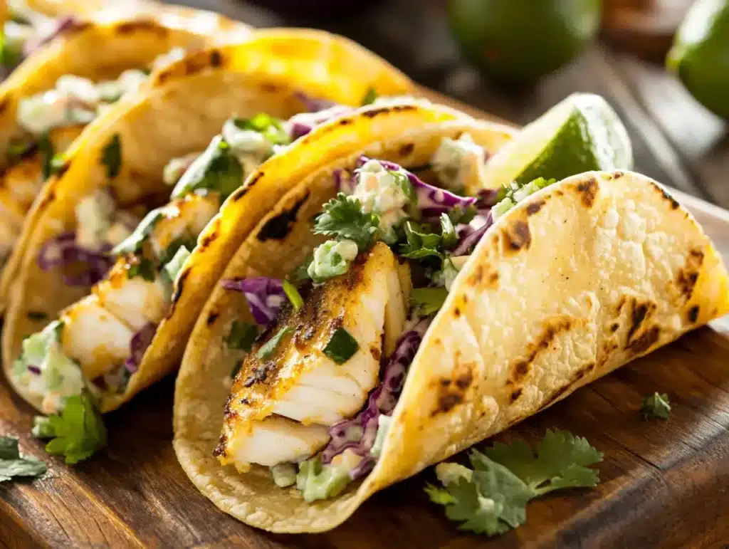 Walleye fish tacos with cabbage slaw and lime
