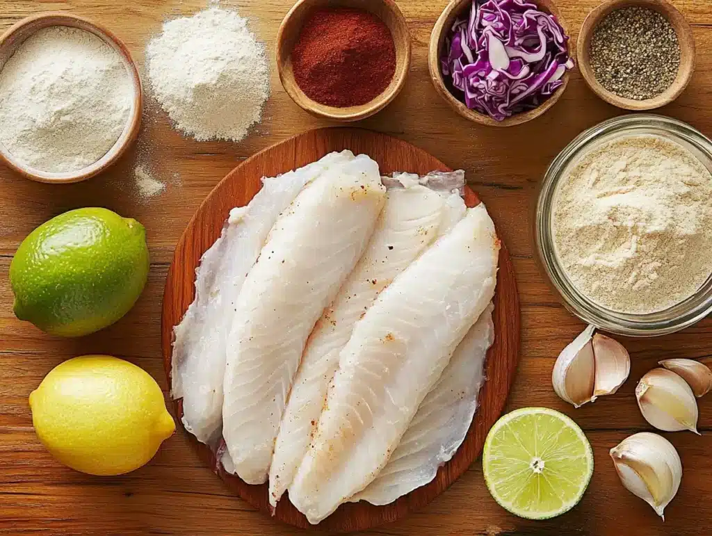 Fresh ingredients for walleye fish tacos on a wooden table