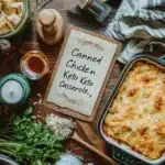 Handwritten keto recipe card with canned chicken casserole
